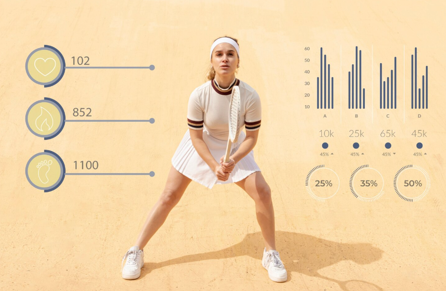 Tennisspiller omgivet af statistikgrafer og procenttal