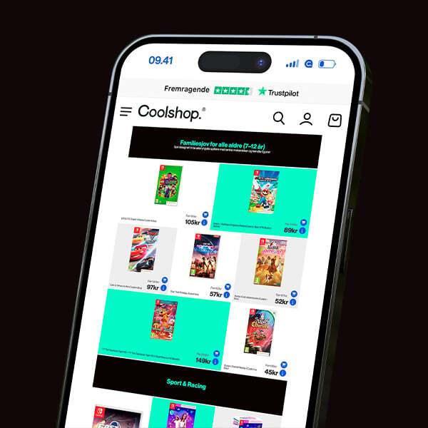 Mobiltelefon med Coolshops webshop åben på skærmen